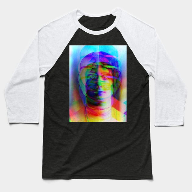 Dramabite Glitch art colourful rainbow woman portrait Baseball T-Shirt by dramabite